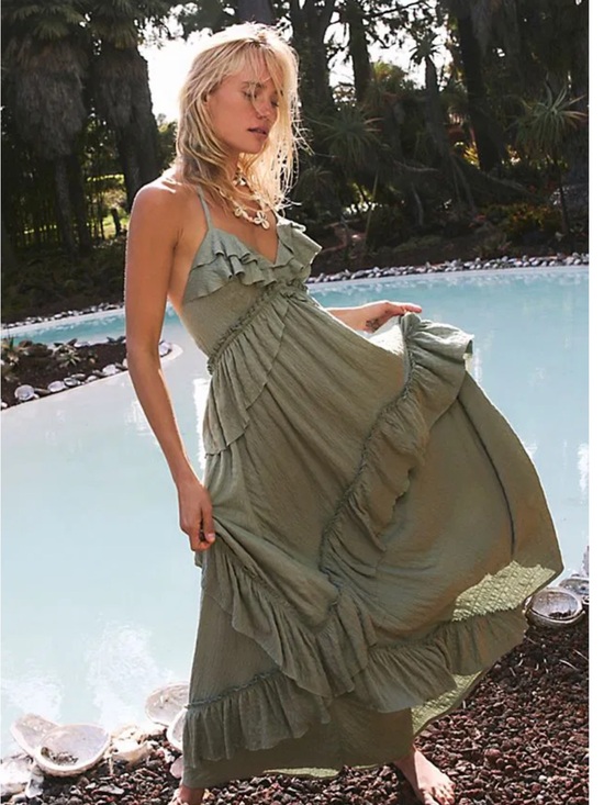 Free People Dresses & Skirts - Free People Olive Green Santa Luz Ruffled Maxi Dress
